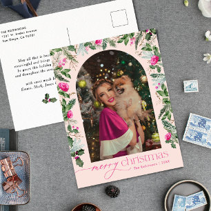 Blush Roze Groen Boog Kerstmis Foto Vakantie Briefkaart