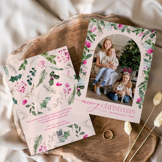 Blush Roze & Groen Boog Vrolijk Kerstmis Foto Feestdagenkaart