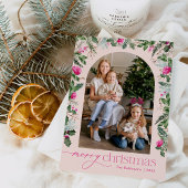 Blush Roze & Groen Boog Vrolijk Kerstmis Foto Feestdagenkaart