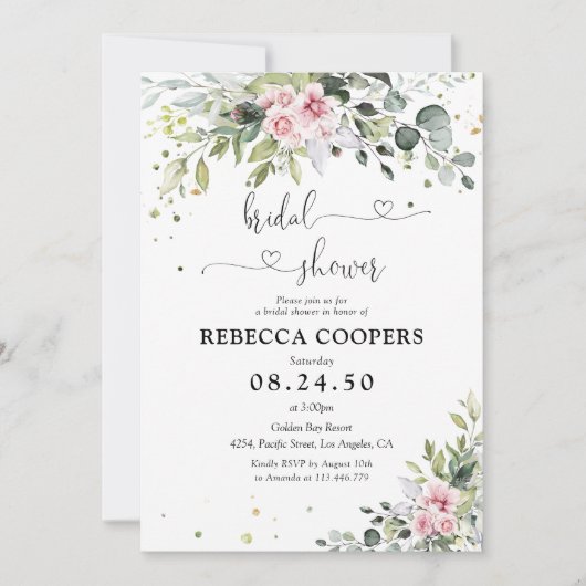 Blush Roze Groen Bruids Douche Uitnodiging (Voorkant)