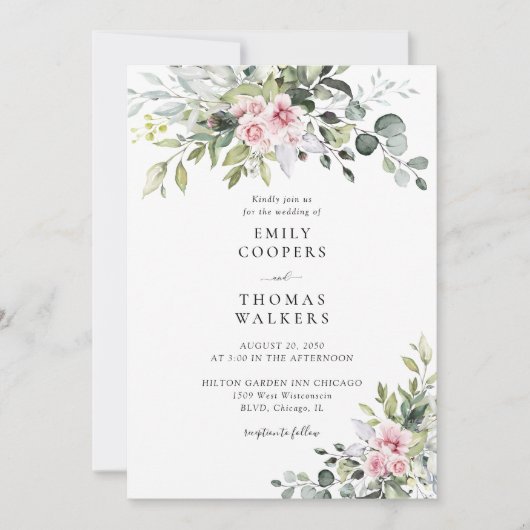 Blush Roze groen bruiloft uitnodiging (Voorkant)