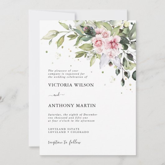 Blush Roze groen bruiloft uitnodiging (Voorkant)