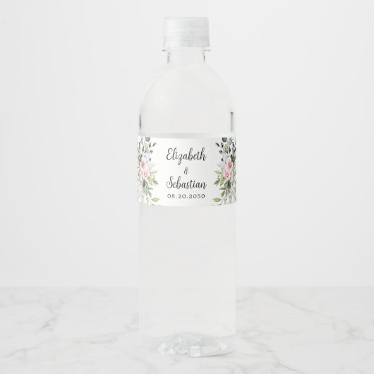 Blush Roze Groen Bruiloft Water Fles Labels Waterfles Etiket (Voorkant)