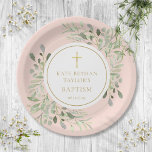 Blush Roze groen doop doopsel Papieren Bordje<br><div class="desc">Met delicate waterverf bladeren en een elegant goudkruisbeeld,  kan dit kic baptisme of het christenen bord gepersonaliseerd worden met uw speciale informatie over een wazige roze achtergrond. Ontworpen door: Thisnotme©</div>