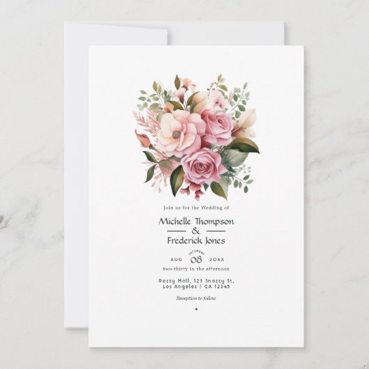 Blush Roze, groen en kaneel Roos bruiloft Kaart (Voorkant)