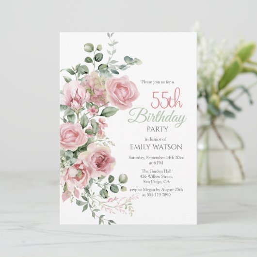 Blush Roze Groen Eucalypt 55e Verjaardag Kaart (Staand voorkant)