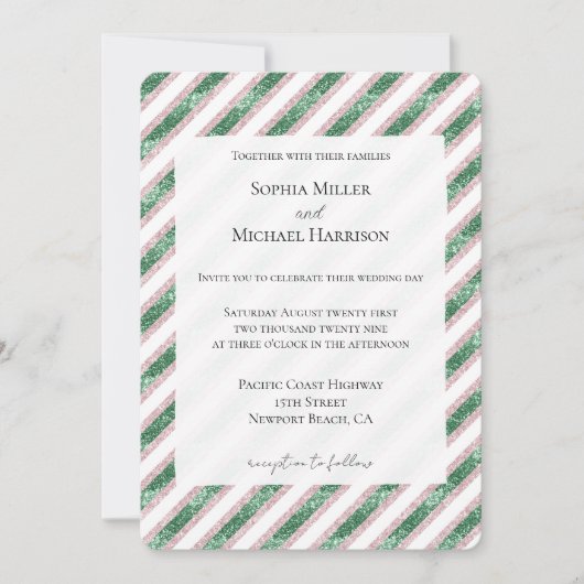 Blush Roze Groen Glitzy Glam Chic Stripes Huwelijk Kaart (Voorkant)