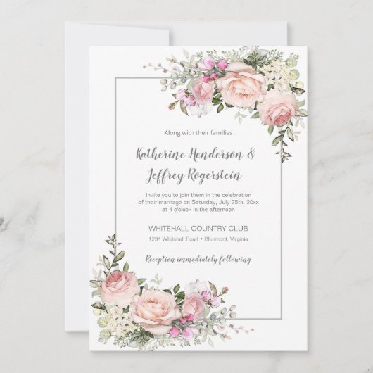 Blush Roze Groen Grijs Waterverf Bloemen Bruiloft Kaart (Voorkant)