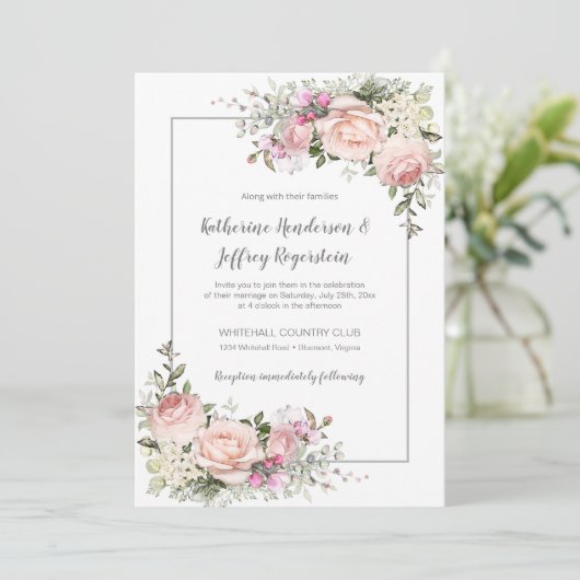 Blush Roze Groen Grijs Waterverf Bloemen Bruiloft Kaart (Staand voorkant)