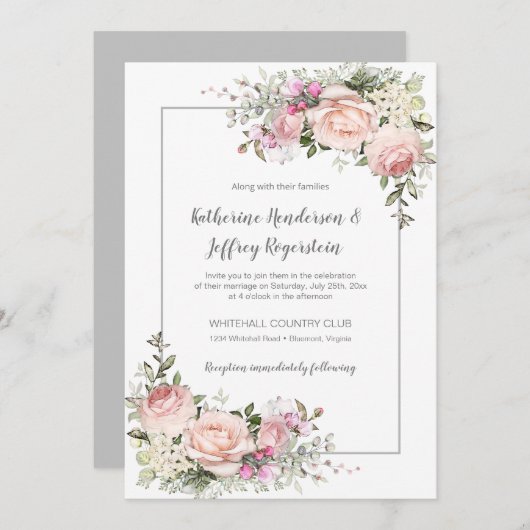 Blush Roze Groen Grijs Waterverf Bloemen Bruiloft Kaart (Voorkant / Achterkant)