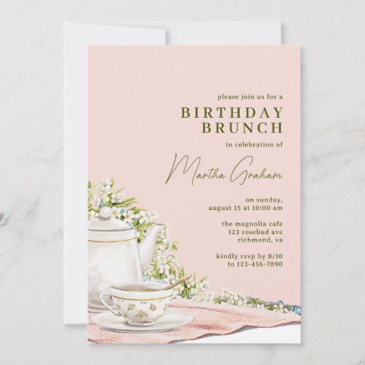 Blush roze groen | Leuke Tea Party Verjaardag Brun Kaart (Voorkant)