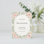 Blush Roze Groene Begroeting Save the Date Briefkaart (Staand voorkant)