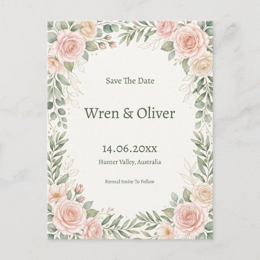 Blush Roze Groene Begroeting Save the Date Briefkaart (Voorkant)
