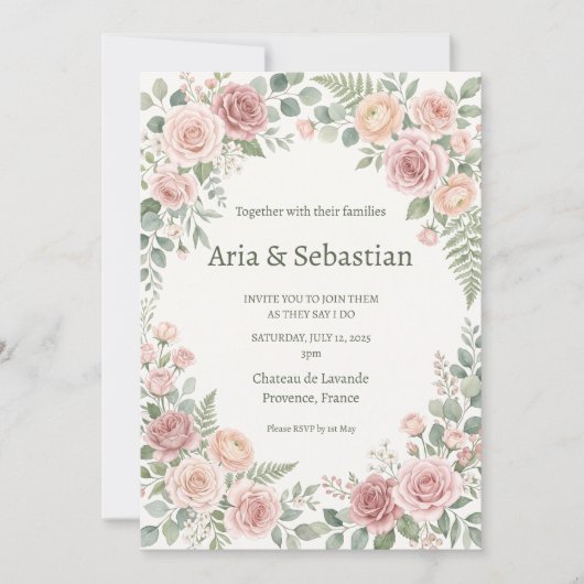 Blush Roze Groene Huwelijk Kaart (Voorkant)