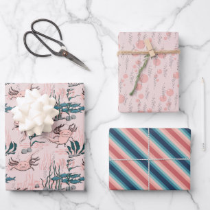 Blush Roze & Groene Mexicaanse Salamander Axolotl  Inpakpapier Vel