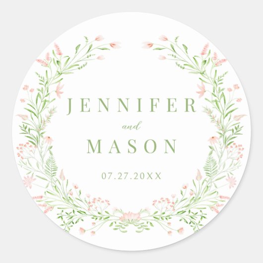 Blush roze groene wilde bloem krans rustieke bruil ronde sticker (Voorkant)