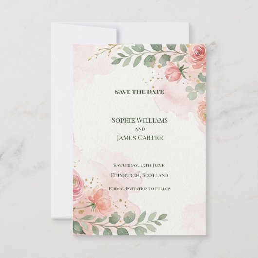 Blush Roze Groenery Save The Date Kaart (Voorkant)