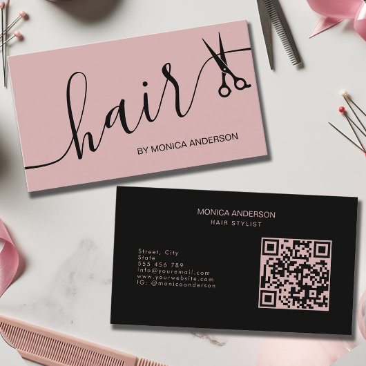 Blush Roze Haar Styling Schaar QR Code Visitekaartje