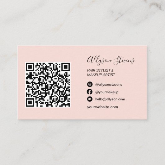 Blush roze haarmake-up foto initiaal qr code visitekaartje (Achterkant)