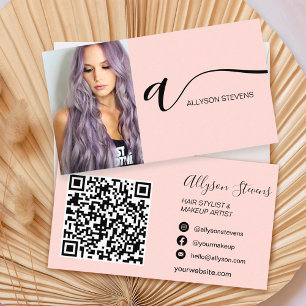 Blush roze haarmake-up foto initiaal qr code visitekaartje