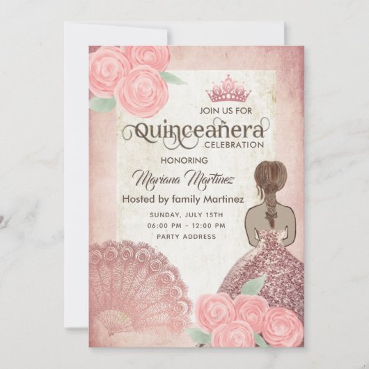 blush roze hand fan rozen tiara Quince Kaart (Voorkant)