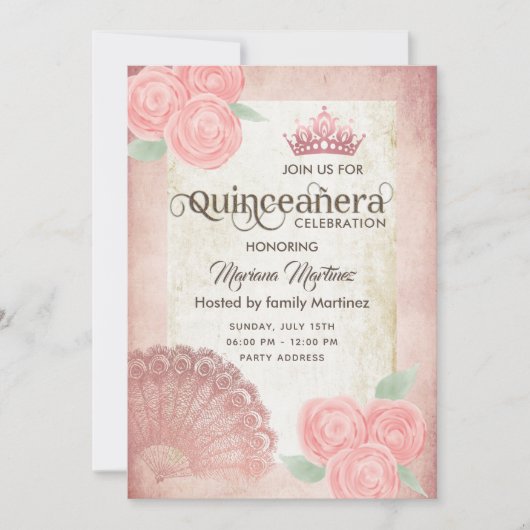 blush roze hand fan rozen tiara Quince Kaart (Voorkant)