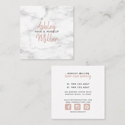 Blush Roze Hand Geletterd Script Marmeren Salon Na Vierkante Visitekaartje (Voorkant / Achterkant)