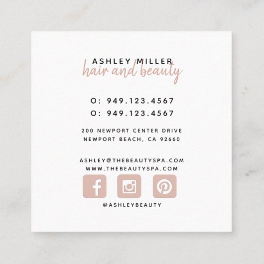 Blush Roze Hand Geletterd Script Marmeren Salon Na Vierkante Visitekaartje (Achterkant)