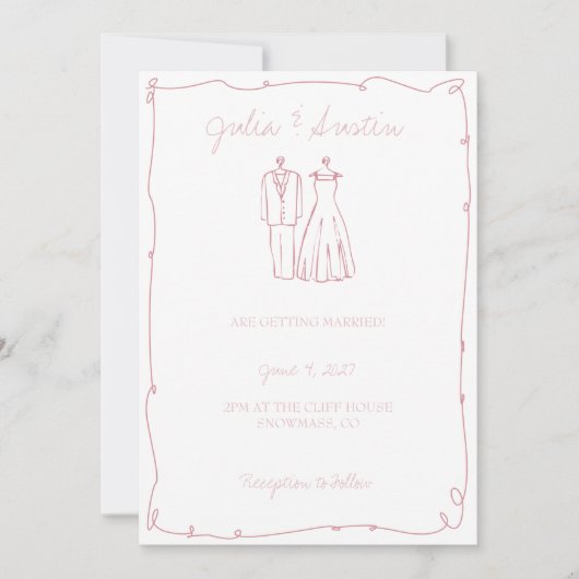 Blush Roze Hand getrokken bruid en bruidegom bruil Kaart (Voorkant)