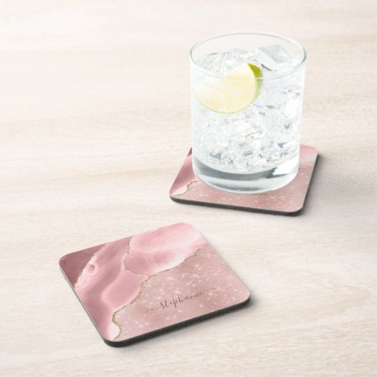 Blush roze handdruk sparkle Glam monogram Bier Onderzetter (Rechterzijde)