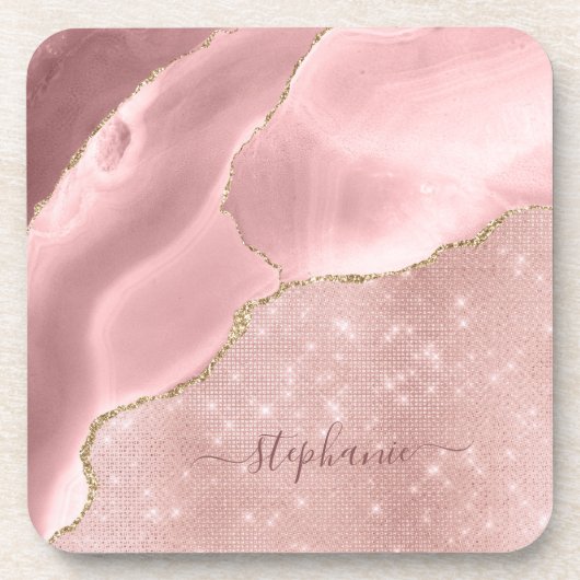 Blush roze handdruk sparkle Glam monogram Bier Onderzetter (Voorkant)