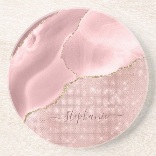 Blush roze handdruk sparkle Glam monogram Zandsteen Onderzetter (Voorkant)