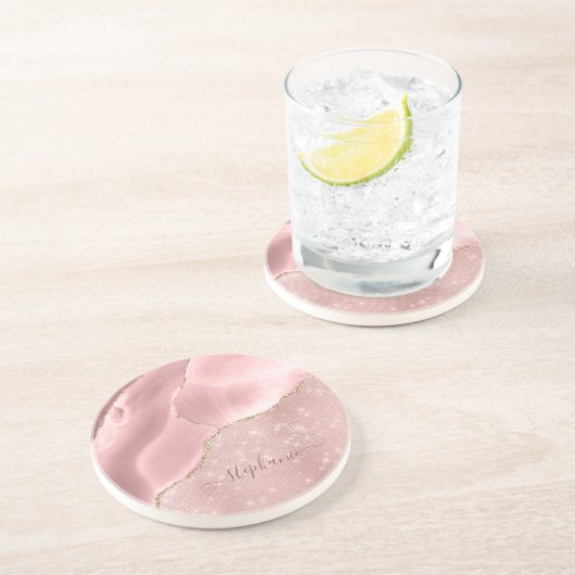 Blush roze handdruk sparkle Glam monogram Zandsteen Onderzetter (Zijkant)