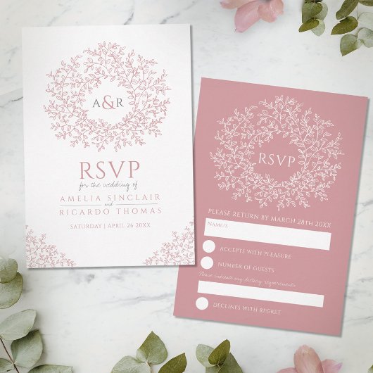 Blush roze handgetekbladmonogram RSVP bruiloft