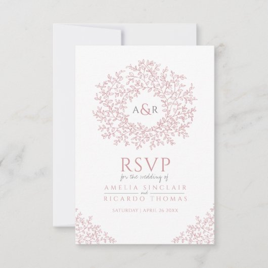 Blush roze handgetekbladmonogram RSVP bruiloft Kaartje (Voorkant)