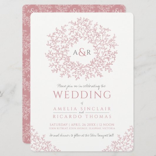 Blush roze handgetekende bladmonogram bruiloft kaart (Voorkant / Achterkant)