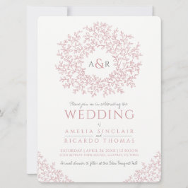 Blush roze handgetekende bladmonogram bruiloft kaart