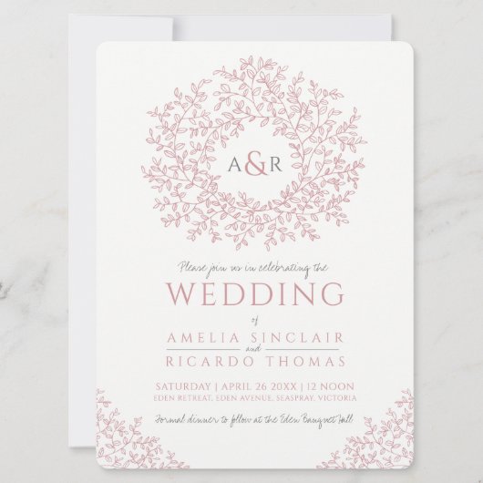 Blush roze handgetekende bladmonogram bruiloft kaart (Voorkant)