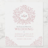 Blush roze handgetekende bladmonogram bruiloft wijn etiket (Enkel label)