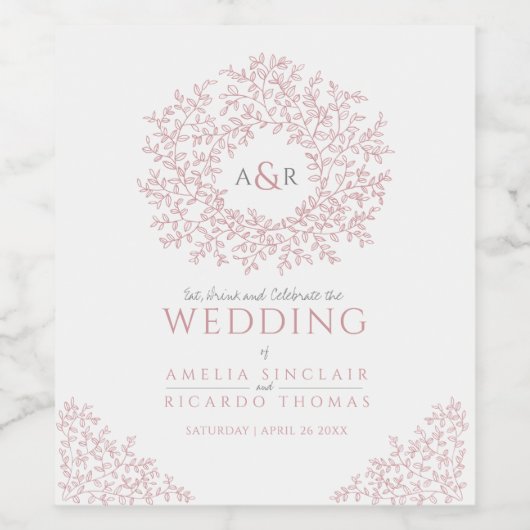 Blush roze handgetekende bladmonogram bruiloft wijn etiket (Enkel label)