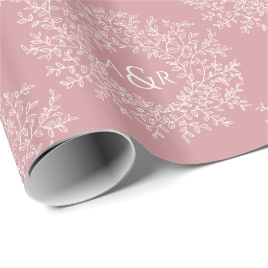 Blush roze handgetekende bladmonogram cadeaupapier (Rol Hoek)