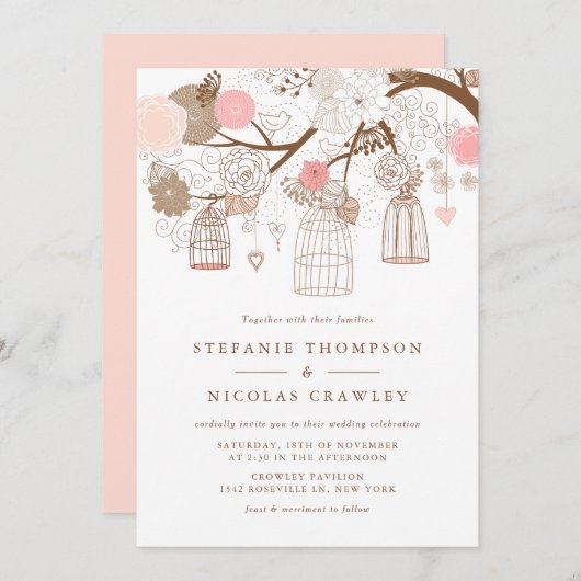 Blush roze hangende vogelkooien bruiloft kaart (Voorkant / Achterkant)