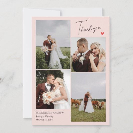 Blush Roze Hart Bruiloft Foto's Dank u Opmerking Bedankkaart (Voorkant)