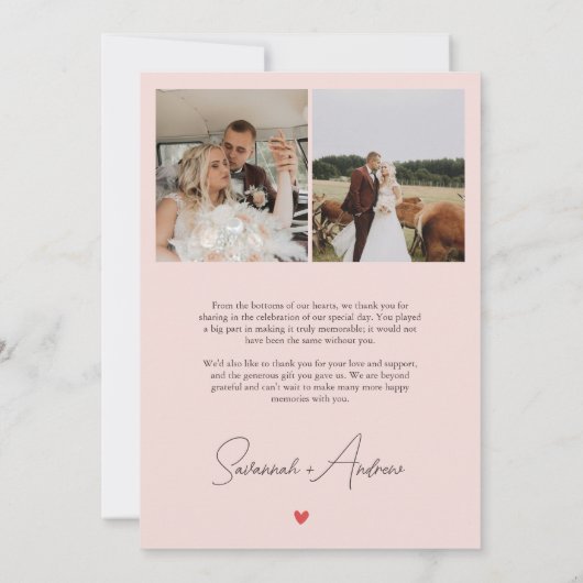Blush Roze Hart Bruiloft Foto's Dank u Opmerking Bedankkaart (Achterkant)