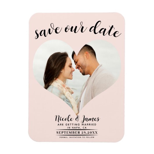 Blush Roze Hart Foto Bruiloft Save the Date Magneet (Verticaal)