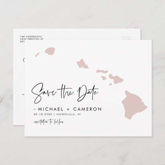 Blush Roze Hawaii Map Modern Script Save the Date Aankondigingskaart (Voorkant / Achterkant)