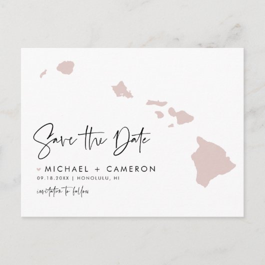 Blush Roze Hawaii Map Modern Script Save the Date Aankondigingskaart (Voorkant)