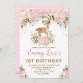 Blush Roze Herten 1e Verjaardag Waterverf Bloemen Kaart (Voorkant / Achterkant)