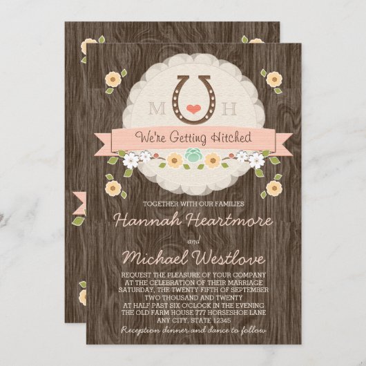 Blush roze Hoefijzer Heart Western bruiloft Kaart (Voorkant / Achterkant)