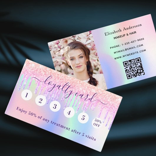 Blush roze holografie glitter qr code foto klantenkaartje